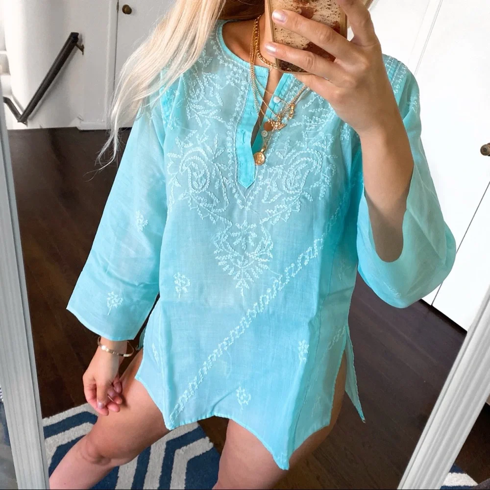 🐚 AQUA BLUE WHITE EMBROIDERED BEACH COVERUP! - Picture 13 of 13